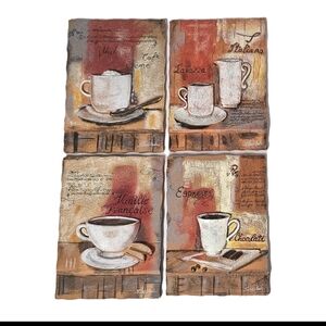 Set Of 4 Resin Coffee Espresso Latte Italian Themed Wall Hanging 3D Plaques